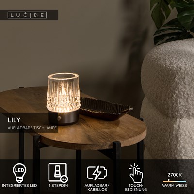 Lucide LILY - wiederaufladbare Tischlampe - Akku/Batterie - Ø 8 cm - LED 3 StepDim - 1x3W 2700K/3000K - Schwarzchrom - Set von 3